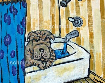 shar pei taking a bath - bathroom decor - coaster tile - animal lover gift