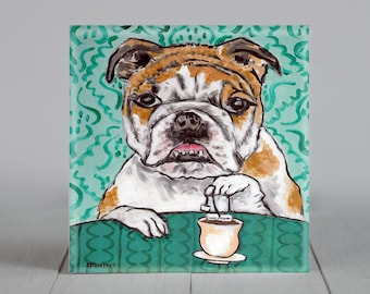 Bulldog steeping tea dog art tile gift - multiple sizes available