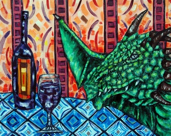 dragon at the Wine Bar art PRINT poster gift modern folk pop art