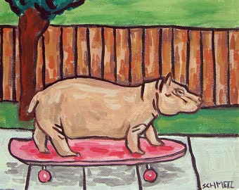 hippo skateboarding - animal lover gift - coaster tile - childrens decor