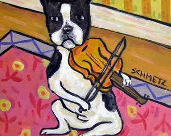 bostont errier playing the violin - stretched canvas or paper print - multiplre sizes available