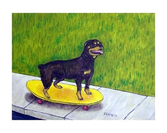 Rottweiler on a Skateboard Dog Art Print - animal decor