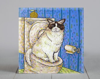 fluffy cat in the bathroom animal art coaster tile artwork - multple sizes