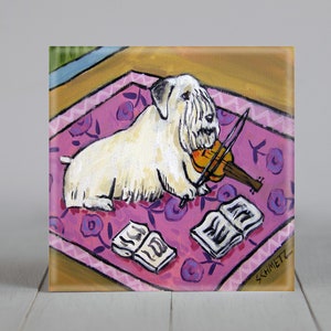 Sealyham Terrier playing the Violin Dog art tile coaster -  multiple sizes available