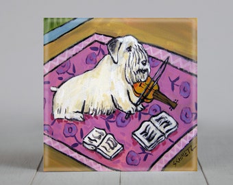 Sealyham Terrier playing the Violin Dog art tile coaster -  multiple sizes available