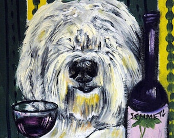 Old English Sheepdog ART wine PRINT poster gift modern folk