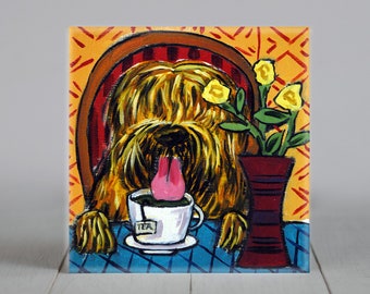 briard at the coffee shop - dog art - tile coaster - gift