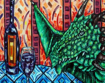 Dragon at the Wine Bar Art Print on Coaster Tile Gift - Modern Folk Pop Art JSchmetz | Handmade and Unique