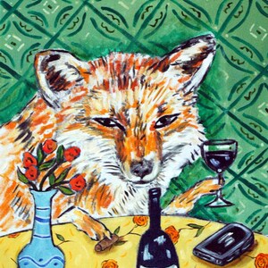 fox at the wine bar 13x19 animal art print - glossy or matte
