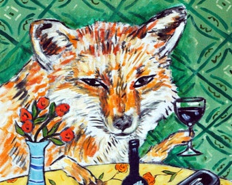 fox at the wine bar 13x19 animal art print - glossy or matte