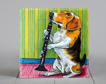 Beagle playing the clarinet dog art tile coaster gift - multiple sizes available