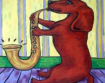 dachsund playing the saxophone - dog art -tile coaster - animal lover gift -