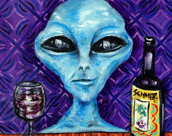 alien wine bar art coaster tile gift  modern folk pop art JSCHMETZ