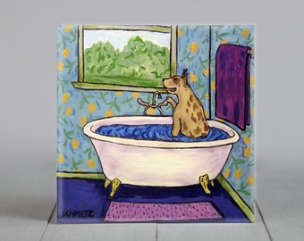 great dane taking a bath - dog art - tile coaster - animal lover gift - bathroom decor