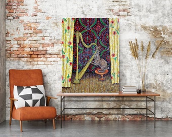 bunny rabbit playing the harp 13x19 matte paper print