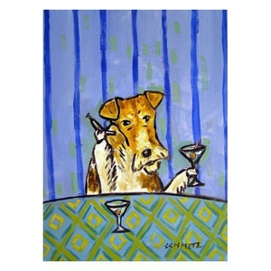 Fox Terrier Having a Martini Dog Art Print - stretched canvas or paper print - multiple sizes - animal decor