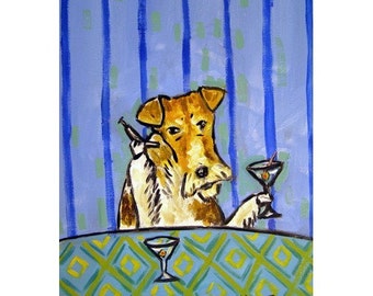 Fox Terrier Having a Martini Dog Art Print - stretched canvas or paper print - multiple sizes - animal decor