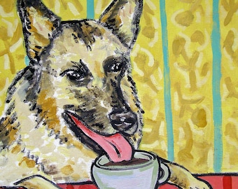 german shepherd at the coffee shop - dog art - tile coaster - animal lover gift