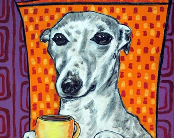 Whippet at the Coffee Shop Dog Art Print on matte or glossy paper - multiple sizes