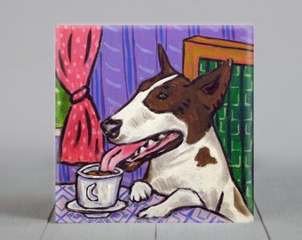 Bull Terrier - coffee themed - animal decor - dog lover gift - square tile coaster - decorative artwork