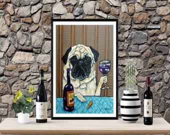 Pug at the wine bar - dog art print - animal decor. dog lover gift