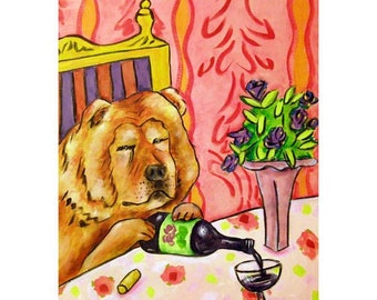 chow chow at the wine bar dog art print - stretched canvas or paper print - mltiple sizes available