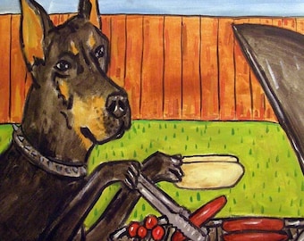 Doberman Pinscher at the Cook Out Dog Art coaster tile