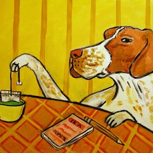 pointer dog steeping tea - tea room decor - stretched canvas or paper print