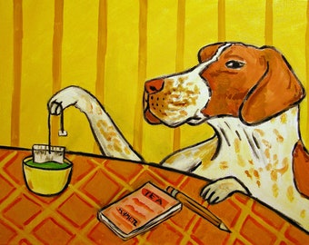 pointer dog steeping tea - tea room decor - stretched canvas or paper print