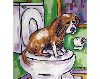 cavalier king charles spaniel in the bathroom dog art print - 13x19 - matte or glossy - home office art gift for dog owner