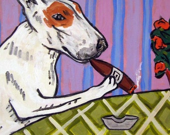 Bull Terrier at the Cigar Bar  - dog art - tile coaster - animal lover gift