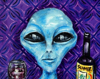 Alien at the wine bar art print - stretched canvas or paper print