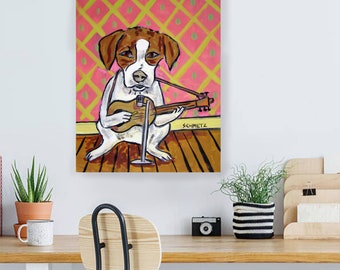 Jack Russell Terrier Playing Guitar Dog Art Print - stretched canvas or paper print - multiple sizes available