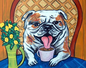 bulldog tile, coffee bulldog, bulldog art, dog coaster, ceramic dog, dog print, animal decor, animal lover, dog gift, coffee decor, coffee