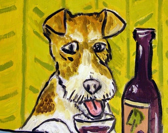 Fox Terrier at the Wine Bar Dog Art Print  JSCHMETZ modern abstract folk pop art gift
