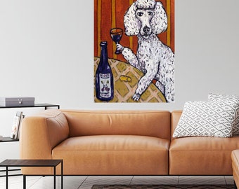 poodle at the wine bar dog art print - paper or canvas print - multple sizes available