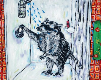 raccoon taking a bath - coaster tile - animal lover gift - bathroom decor