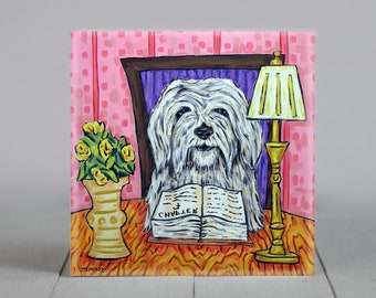 havanese dog art square tile coaster gift reading library animal decor