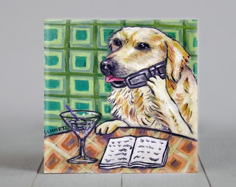 Golden retriever at the martini bar dog art tile coaster gift - multiple sizes