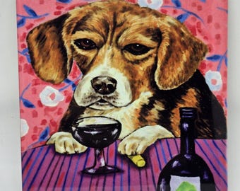 Dog Drinking Wine Tile Coaster - Unique Art Gift for Dog Lovers - Handmade Drinkware - Kitchen Deco