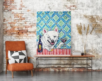 Shiba Inu at the Wine bar dog art print on ready to hang strehced canvas- home decor gift