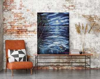 Beach at night beachscape seascape landscape coastal home decor art, ready to hang canvas print (p)or unframed print on paper
