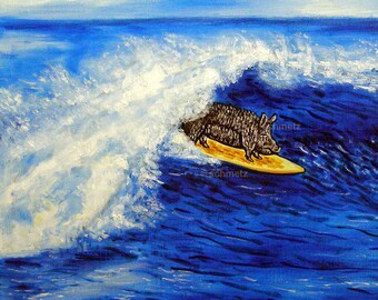 pig surfing - animal art - tile coaster - gift