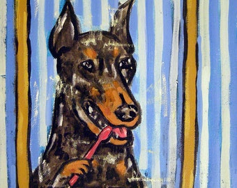 Doberman pinscher brushing teeth dog art print on ready to hang ga;;ery wrapped canvas