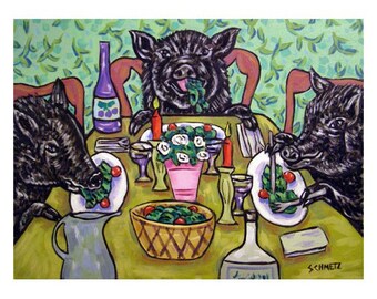 pot belly pig art   print gift dinning room decor modern folk abstract 13x19