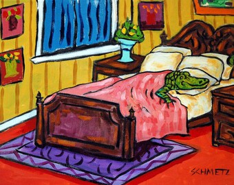 Alligator sleeping art print on ready to hang gallery wrap canvas - bedroom decor