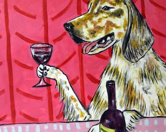 ENglish setter at the wine bar dog art artwork print - streched canvas or paper print - multple sizes