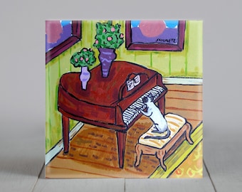 cat art - siamese cat decor - decorative tile - coaster - home decor  - animal decor - piano player gifts - cat lover gifts - square tile