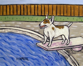 Bull Terrier dog art PRINT poster gift modern folk diving at the pool JSCHMETZ