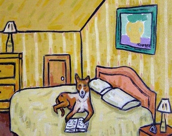 basenji art - Basenji Reading in Bed Dog Art coaster tile Gift
